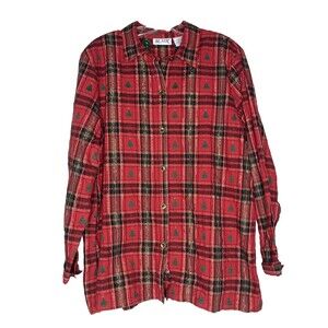 Vintage BLAIR Top Women Large Button Front Christmas Tree Embroidered Plaid